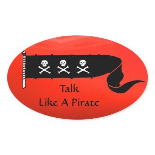 SKULLS AND CROSSED BONES  RED BLACK PIRATE FLAG OVAL STICKER