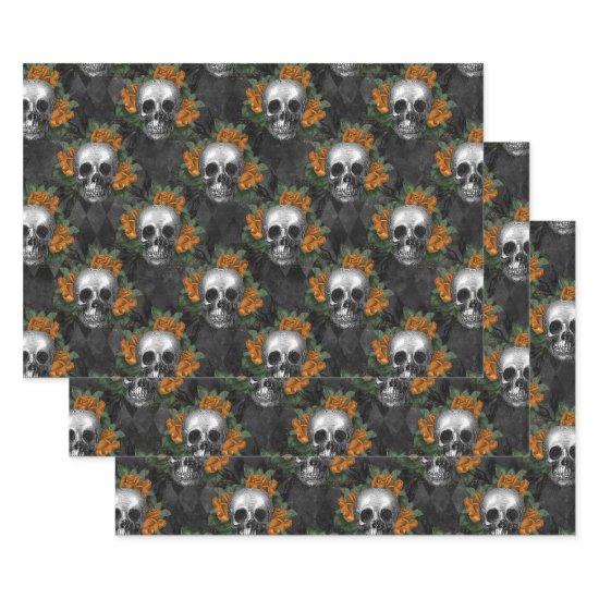 Skulls and Orange Flowers on Charcol  Sheets