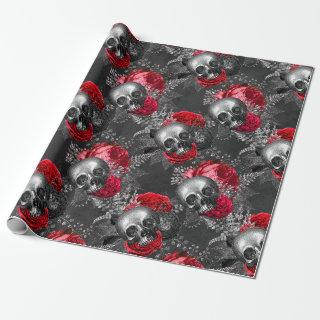 Skulls and Red Roses on Grey