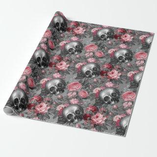 Skulls with Pink Roses on Grey