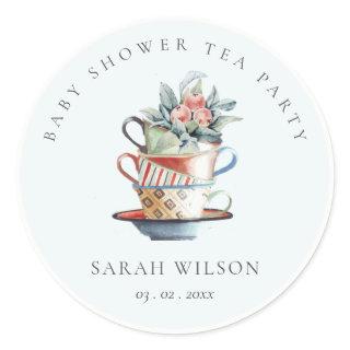 Sky Blue Stacked Cups Floral Baby Shower Tea Party Classic Round Sticker