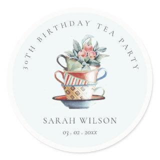 Sky Blue Stacked Cupsl Any Age Birthday Tea Party Classic Round Sticker