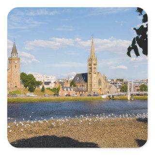 Skyline and river of quaint town of Inverness Square Sticker