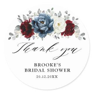 Slate Blue Burgundy White Bridal Shower Thank you Classic Round Sticker