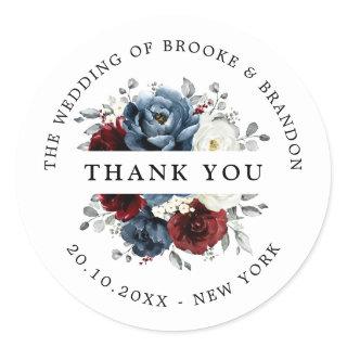 Slate Blue Burgundy White Ivory Floral Thank you Classic Round Sticker
