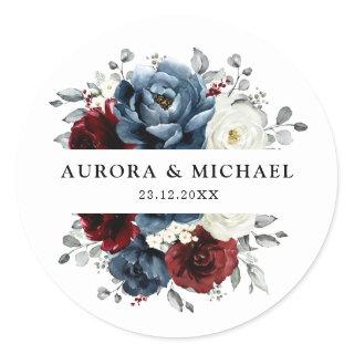 Slate Blue Burgundy White Ivory Floral Wedding  Classic Round Sticker