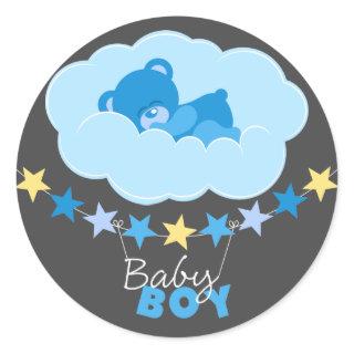 Sleeping Blue Boy Teddy Bear In Cloud Baby Shower Classic Round Sticker