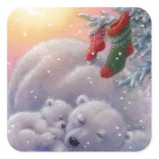 Sleeping Christmas Polar Bears Square Sticker