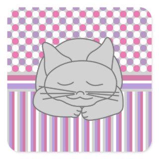 Sleeping Gray Cat Pattern Square Sticker