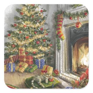 Sleeping Kitty By The christmas Tree Square Sticker