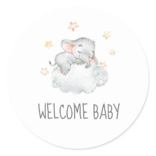 Sleeping Little Elephant Girl Welcome Baby Shower Classic Round Sticker