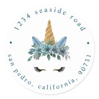 sleepy unicorn blue floral Return Address Classic Round Sticker