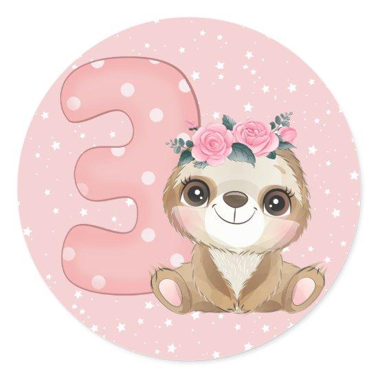 Sloth 3rd Birthday Party Personalized Classic Round Sticker