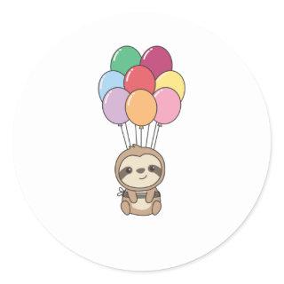 Sloth Flies Up With Colorful Balloons Classic Round Sticker