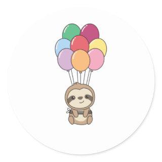 Sloth Flies Up With Colorful Balloons Classic Round Sticker