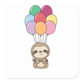 Sloth Flies Up With Colorful Balloons Square Sticker