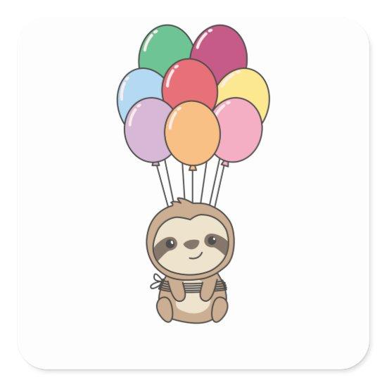 Sloth Flies Up With Colorful Balloons Square Sticker