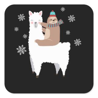 Sloth Riding Llama Funny Christmas Scarf Santa Hat Square Sticker