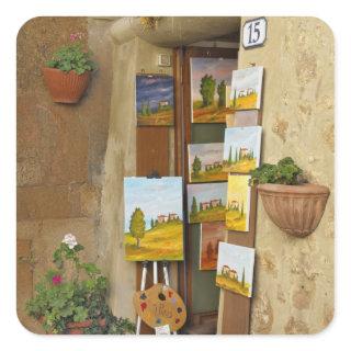 Small shope with artwork for sale on sidewalk square sticker