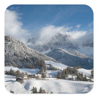 Small village with Dolomites mountains in the snow Square Sticker