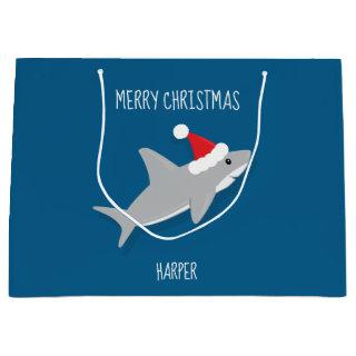 Smiling Cartoon Shark Santa Hat Animal Christmas Large Gift Bag