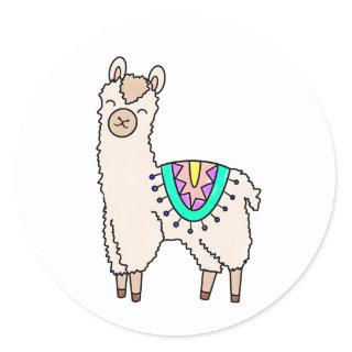 smiling happy llama alpaca cartoon animal drawing  classic round sticker