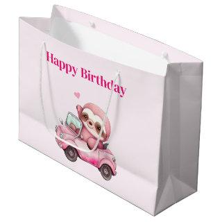 Smiling Pink Sloth Driving a Convertible Birthday Large Gift Bag