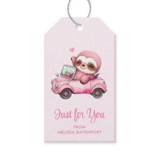 Smiling Pink Sloth Driving a Convertible Gift Tags