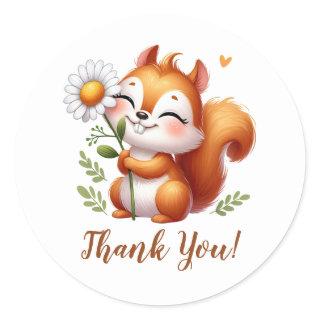 Smiling Squirrel with Sunflower Thank You  Classic Round Sticker