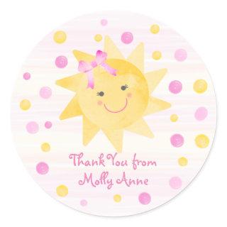 Smiling Sunshine Pink Yellow Dots Girly Thank You Classic Round Sticker