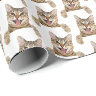 smiling tabby cat on white