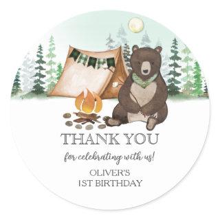 S'more Camping Bear ONE Happy Camper 1st Birthday Classic Round Sticker