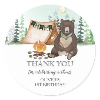 S'more Camping Bear ONE Happy Camper 1st Birthday Classic Round Sticker