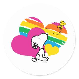 Snoopy and Woodstock | Rainbow Hearts Classic Round Sticker
