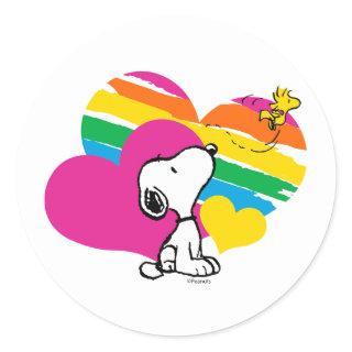 Snoopy and Woodstock | Rainbow Hearts Classic Round Sticker