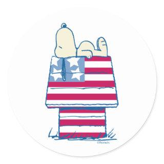 Snoopy on 4th of July Dog House Classic Round Sticker