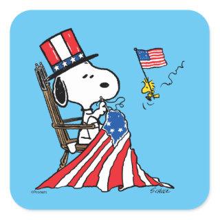 Snoopy Sewing 4th of July Flag Square Sticker