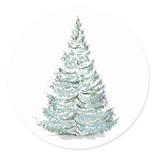 Snow Covered Spruce Tree Illustration Classic Round Sticker