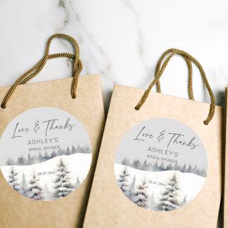 Snow in love winter pines bridal shower favor classic round sticker