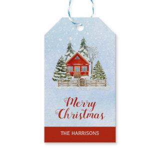 Snow Winter Cottage Fir Trees Christmas  Gift Tags