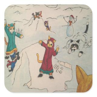 Snowball Fight Cats Rectangular Sticker