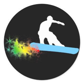 snowboard. rainbow. classic round sticker