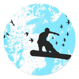 snowboard with birds. classic round sticker