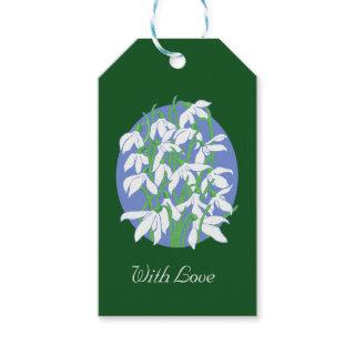 Snowdrops on Soft Blue Oval Background on Green Gift Tags