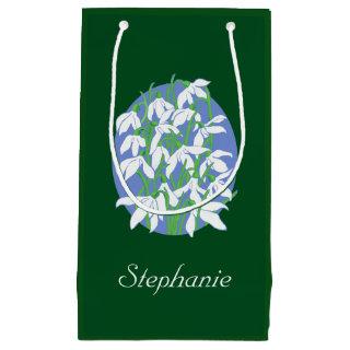 Snowdrops on Soft Blue Oval Background on Green Small Gift Bag