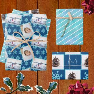 Snowflake Blue Opal Pinstripes 3 Photo Christmas  Sheets