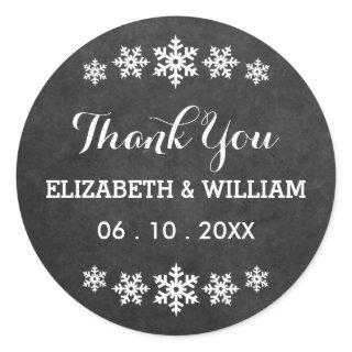 Snowflake Bordered Chalkboard Wedding Thank You Classic Round Sticker