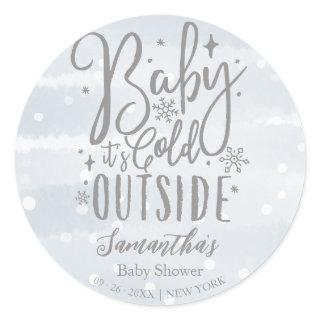 Snowflakes Baby It's Cold Outside Boy Baby Shower Classic Round Sticker
