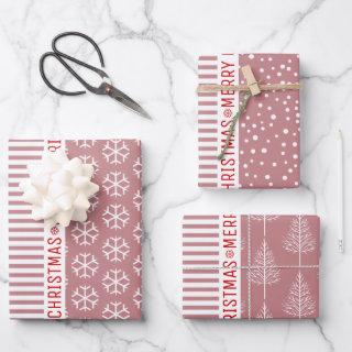 Snowflakes, Christmas trees dusty rose stripes red  Sheets