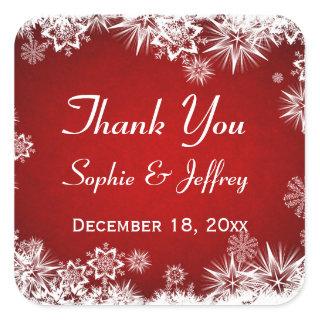 Snowflakes on red Wedding Thank You Square Sticker
